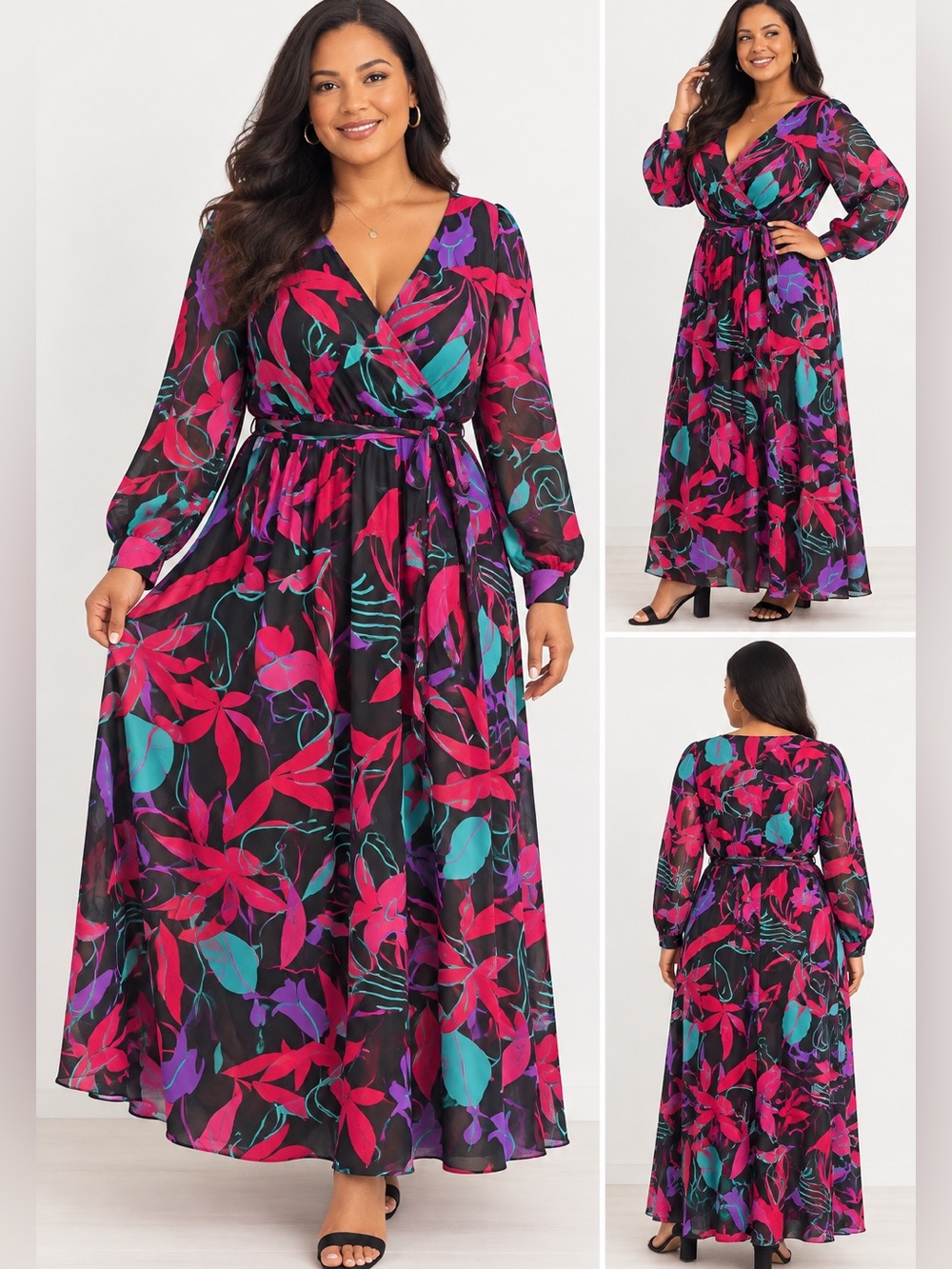 An Ashley Stewart floral faux-wrap maxi dress with long sleeves & V-neck S 18/20